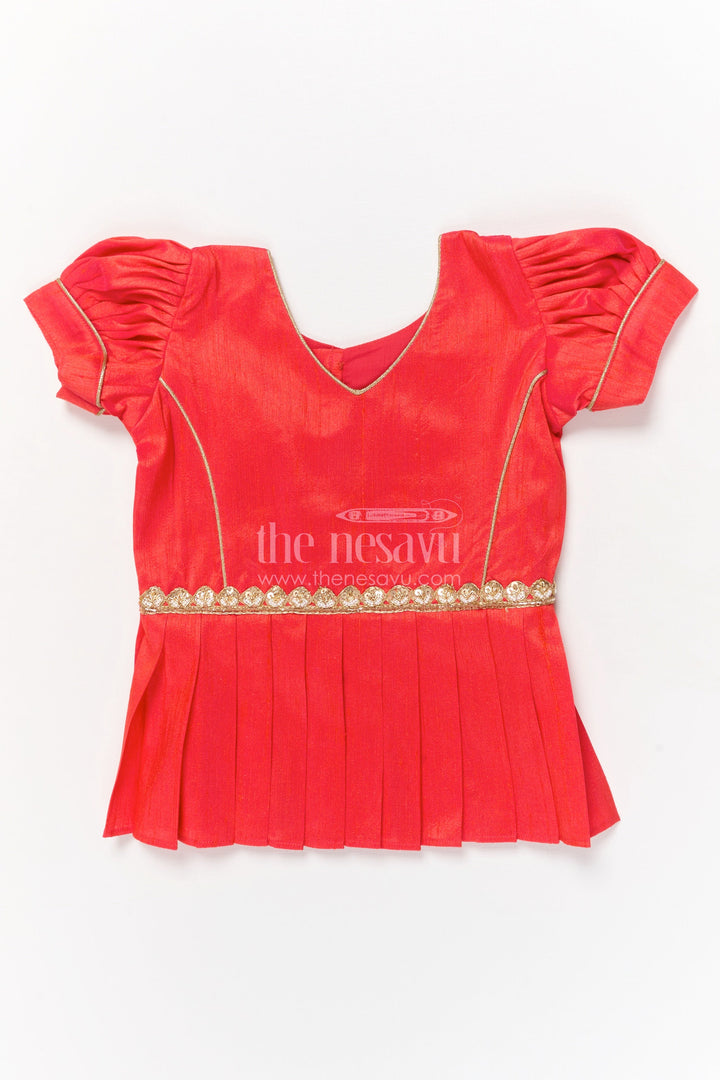 The Nesavu Pattu Pavadai Baby Girl Pattu Pavadai for Weddings and Festive Celebrations Nesavu Nesavu baby girl pattu pavadai with floral digital print skirt and pleated puff sleeve blouse