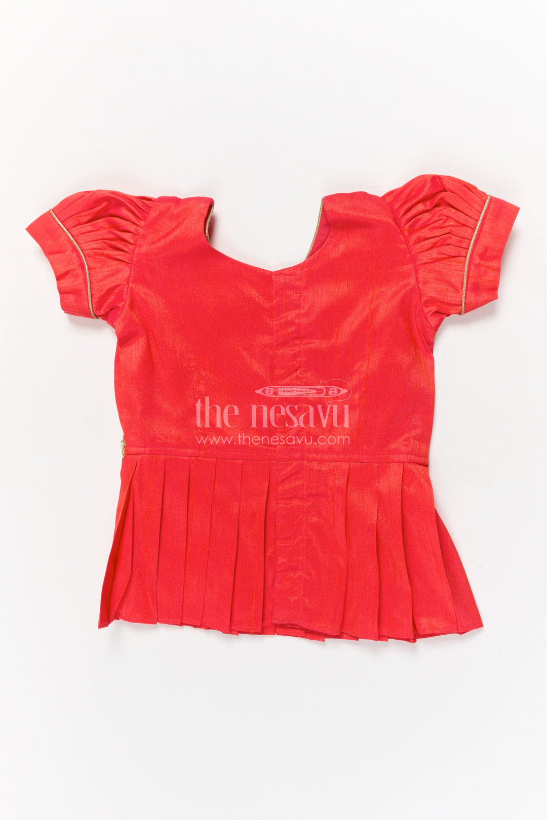 The Nesavu Pattu Pavadai Baby Girl Pattu Pavadai for Weddings and Festive Celebrations Nesavu Nesavu baby girl pattu pavadai with floral digital print skirt and pleated puff sleeve blouse