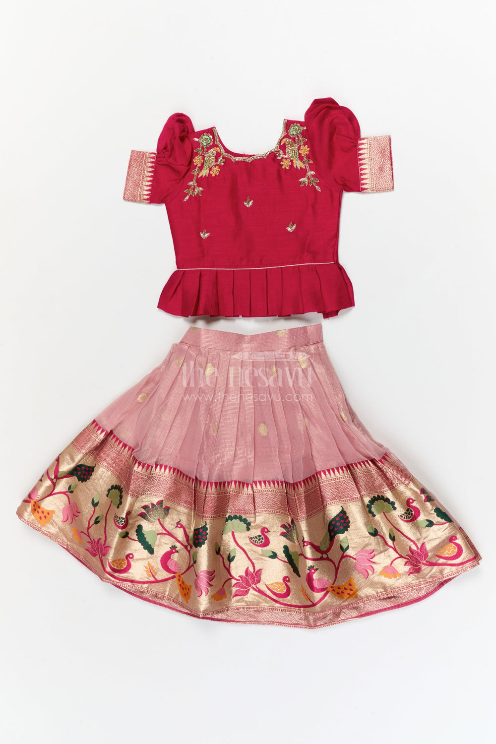 The Nesavu Pattu Pavadai Baby Girl Pattu Pavadai for Weddings and Festive Photoshoots Nesavu 16 (1Y) / Pink / Silk Blend GPP367A-16 Nesavu baby girl pattu pavadai for weddings and birthday photoshoots with embroidered blouse