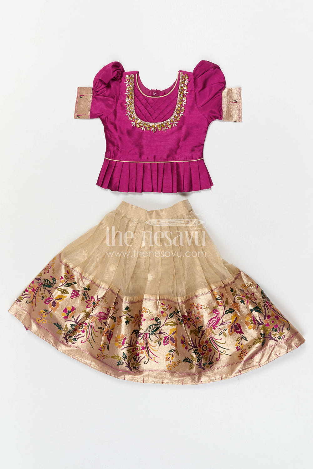 The Nesavu Pattu Pavadai Baby Girl Pattu Pavadai Set for Festivals and Traditional Celebrations Nesavu 16 (1Y) / Purple / Silk Blend GPP375A-16 Nesavu baby girl pattu pavadai set for festivals and weddings with tissue skirt design