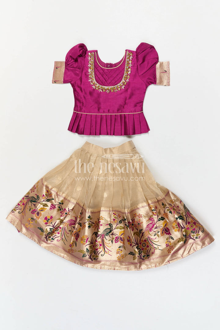 The Nesavu Pattu Pavadai Baby Girl Pattu Pavadai Set for Festivals and Traditional Celebrations Nesavu 16 (1Y) / Purple / Silk Blend GPP375A-16 Nesavu baby girl pattu pavadai set for festivals and weddings with tissue skirt design