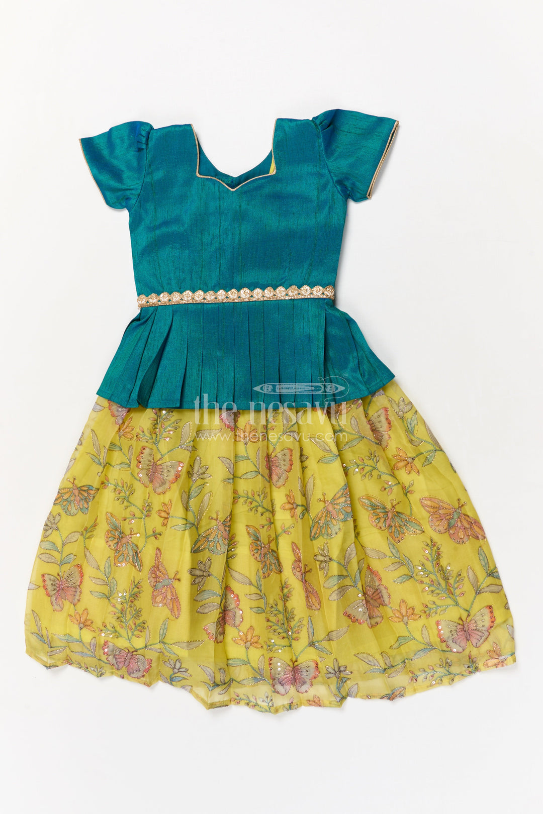 The Nesavu Pattu Pavadai Baby Girl Pattu Pavadai Set for Festivals and Wedding Ceremonies Nesavu 18 (2Y) / Blue / Silk Blend GPP355A-18 Nesavu baby girl pattu pavadai with zari embroidered skirt and raw silk blouse for traditional events