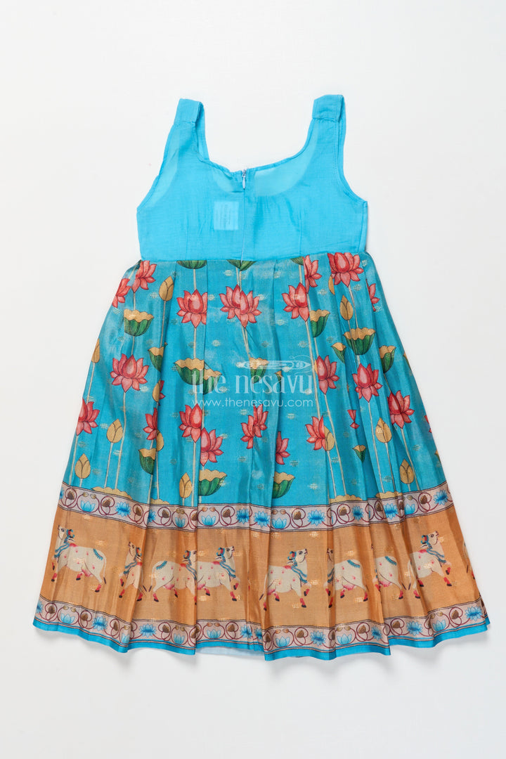 The Nesavu Pattu Pavadai Baby Girl Pattu Pavadai with Animal Border Print for Traditional Functions Nesavu Nesavu baby girl pattu pavadai lotus cow border print festive functions