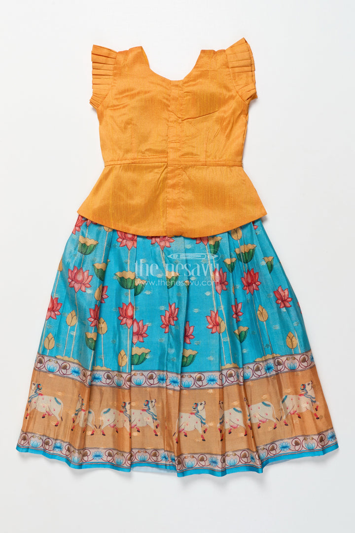 The Nesavu Pattu Pavadai Baby Girl Pattu Pavadai with Animal Border Print for Traditional Functions Nesavu Nesavu baby girl pattu pavadai lotus cow border print festive functions