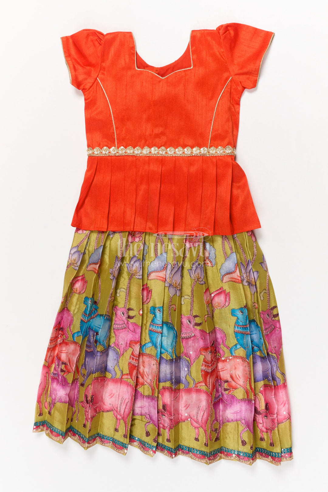 The Nesavu Pattu Pavadai Baby Girl Pattu Pavadai with Animal Motif Embroidery Skirt for Unique Festive Wear Nesavu 18 (2Y) / Orange / Silk Blend GPP359A-18 Nesavu baby girl pattu pavadai with zari embroidered animal motif skirt and raw silk blouse