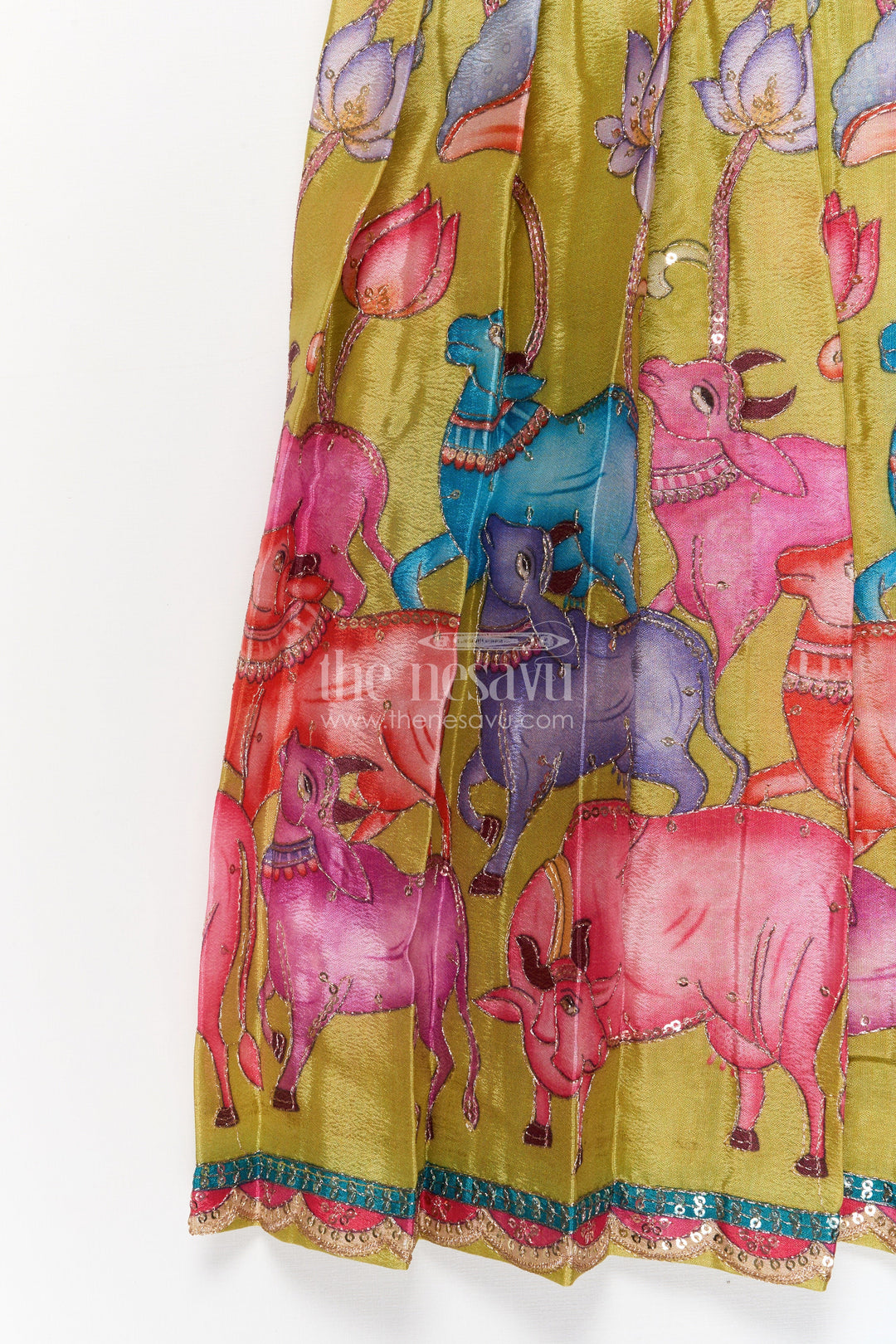 The Nesavu Pattu Pavadai Baby Girl Pattu Pavadai with Animal Motif Embroidery Skirt for Unique Festive Wear Nesavu Nesavu baby girl pattu pavadai with zari embroidered animal motif skirt and raw silk blouse