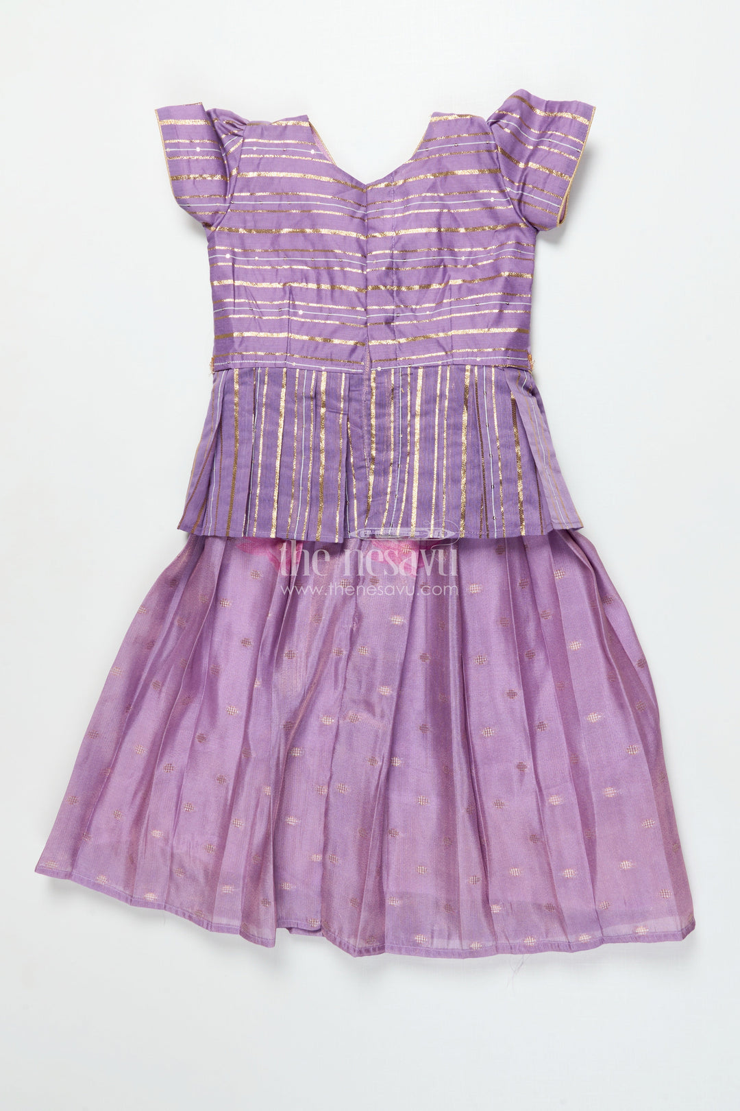 The Nesavu Pattu Pavadai Baby Girl Pattu Pavadai with Banaras Silk Yoke for Festive Photoshoots Nesavu 18 (2Y) / Purple GPP344B-18 Nesavu baby girl pattu pavadai with Banaras silk yoke and semi Banaras skirt for festive photos and rituals