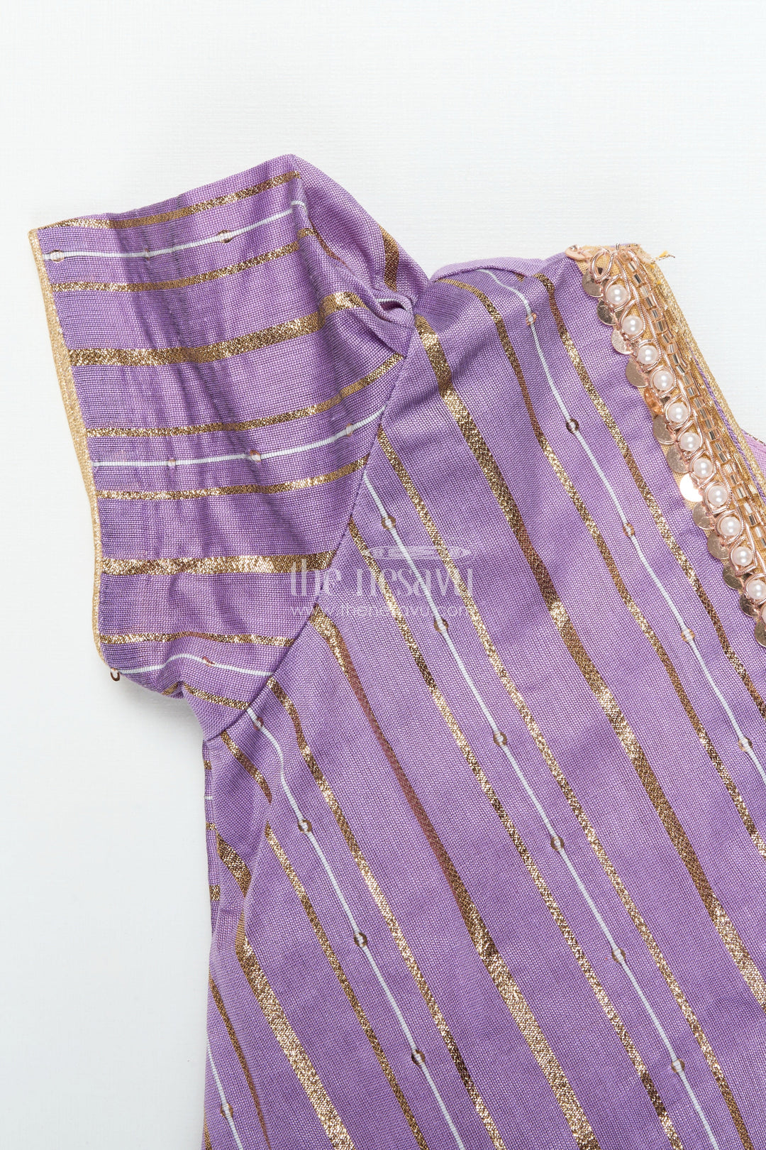 The Nesavu Pattu Pavadai Baby Girl Pattu Pavadai with Banaras Silk Yoke for Festive Photoshoots Nesavu 18 (2Y) / Purple GPP344B-18 Nesavu baby girl pattu pavadai with Banaras silk yoke and semi Banaras skirt for festive photos and rituals