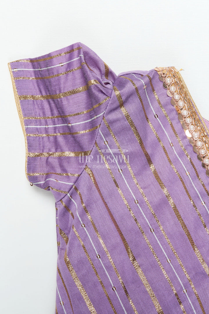The Nesavu Pattu Pavadai Baby Girl Pattu Pavadai with Banaras Silk Yoke for Festive Photoshoots Nesavu 18 (2Y) / Purple GPP344B-18 Nesavu baby girl pattu pavadai with Banaras silk yoke and semi Banaras skirt for festive photos and rituals