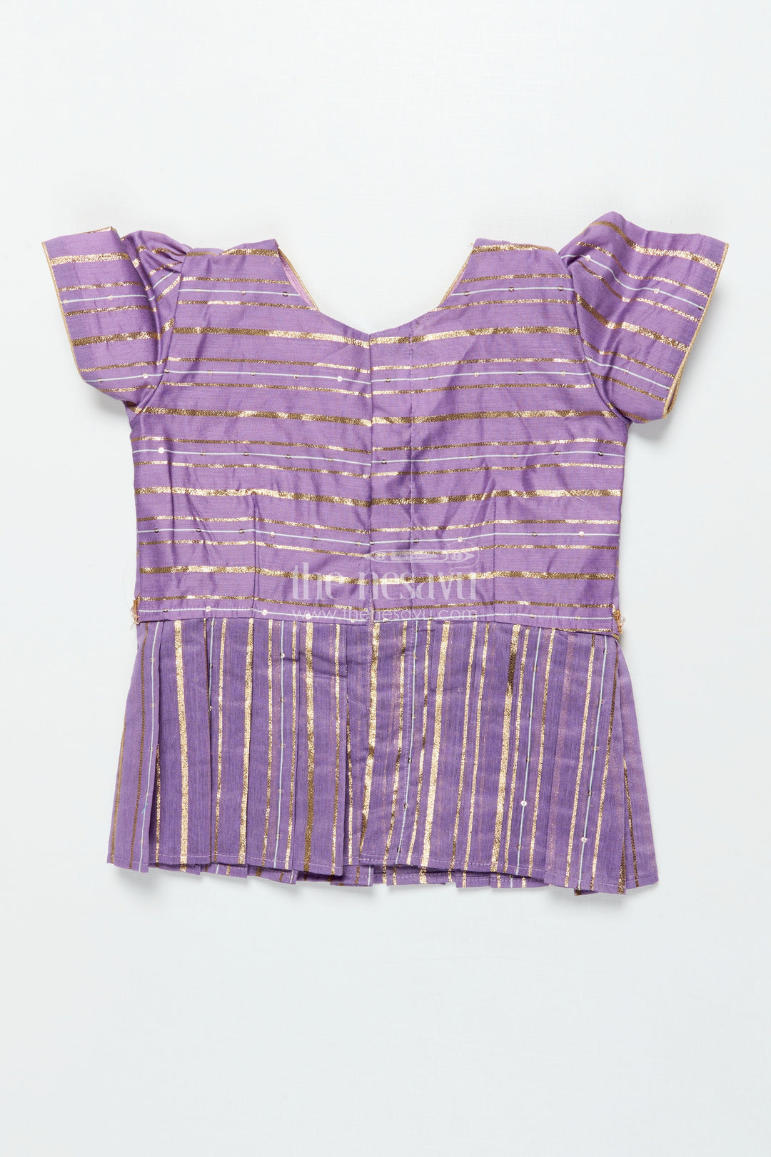 The Nesavu Pattu Pavadai Baby Girl Pattu Pavadai with Banaras Silk Yoke for Festive Photoshoots Nesavu 18 (2Y) / Purple GPP344B-18 Nesavu baby girl pattu pavadai with Banaras silk yoke and semi Banaras skirt for festive photos and rituals