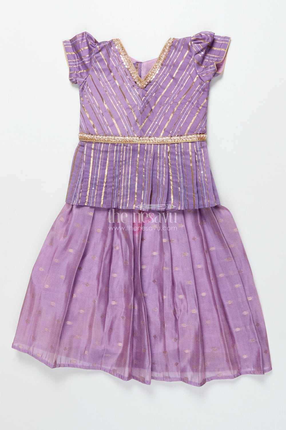 The Nesavu Pattu Pavadai Baby Girl Pattu Pavadai with Banaras Silk Yoke for Festive Photoshoots Nesavu 18 (2Y) / Purple GPP344B-18 Nesavu baby girl pattu pavadai with Banaras silk yoke and semi Banaras skirt for festive photos and rituals