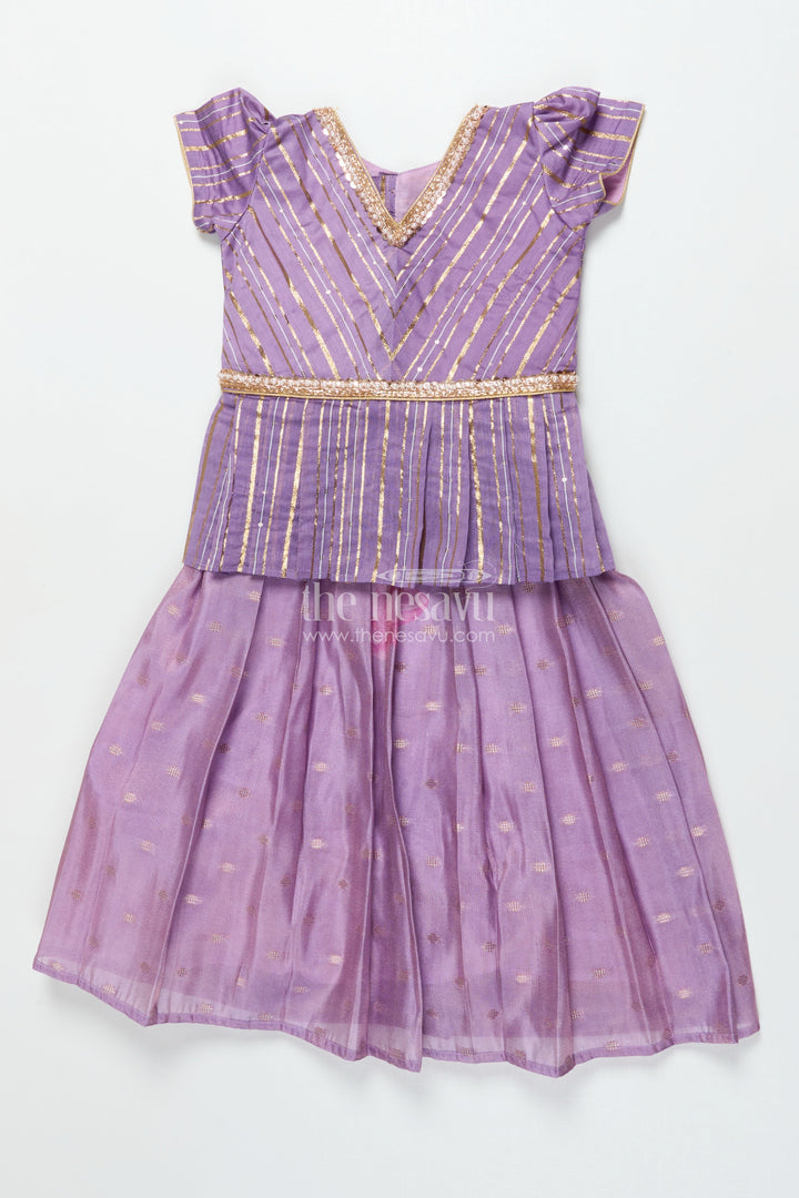 The Nesavu Pattu Pavadai Baby Girl Pattu Pavadai with Banaras Silk Yoke for Festive Photoshoots Nesavu 18 (2Y) / Purple GPP344B-18 Nesavu baby girl pattu pavadai with Banaras silk yoke and semi Banaras skirt for festive photos and rituals