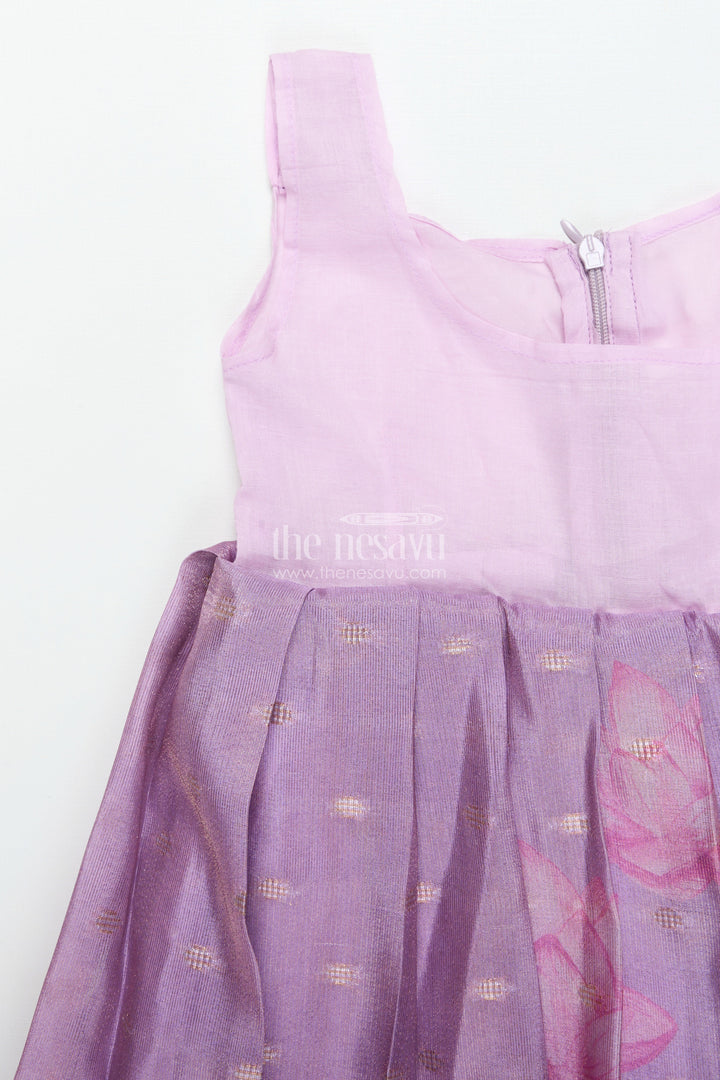 The Nesavu Pattu Pavadai Baby Girl Pattu Pavadai with Banaras Silk Yoke for Festive Photoshoots Nesavu 18 (2Y) / Purple GPP344B-18 Nesavu baby girl pattu pavadai with Banaras silk yoke and semi Banaras skirt for festive photos and rituals