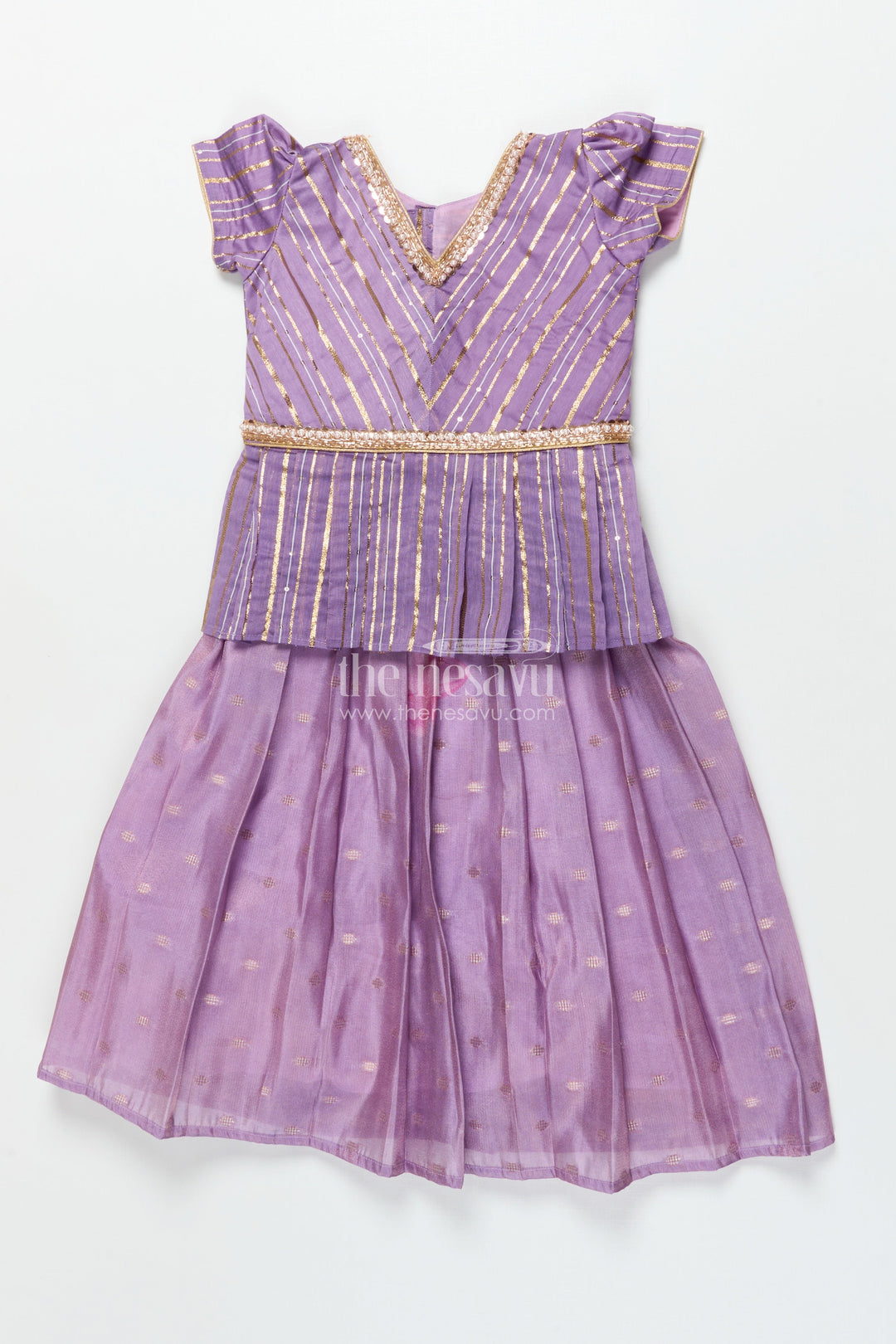 The Nesavu Pattu Pavadai Baby Girl Pattu Pavadai with Banaras Silk Yoke for Festive Photoshoots Nesavu 18 (2Y) / Purple GPP344B-18 Nesavu baby girl pattu pavadai with Banaras silk yoke and semi Banaras skirt for festive photos and rituals