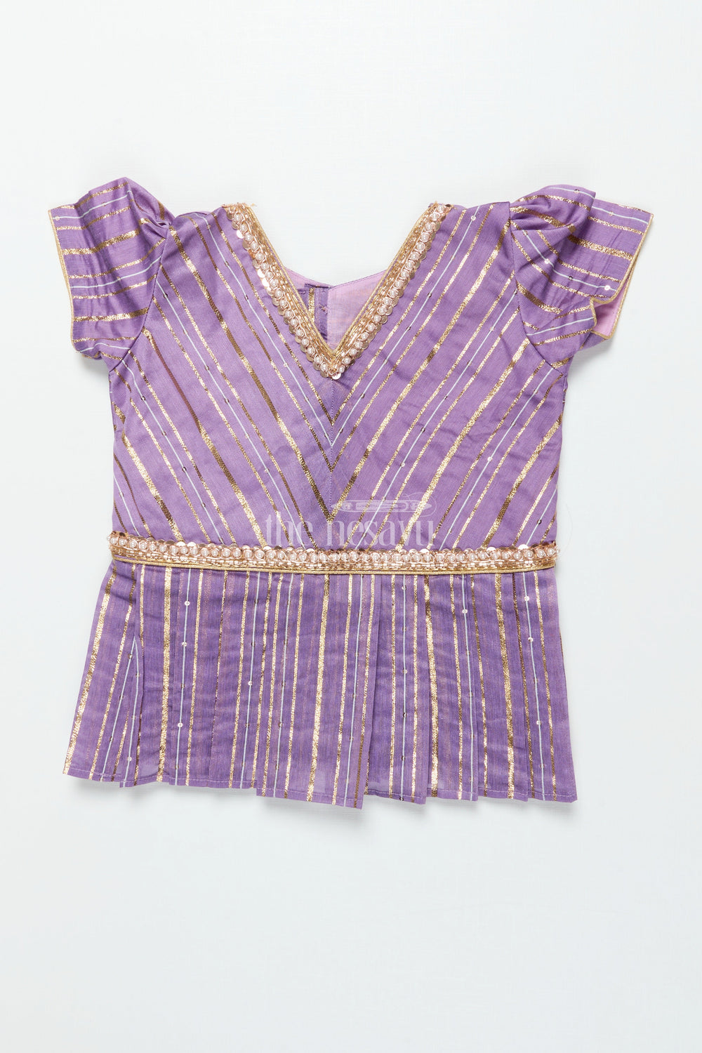 The Nesavu Pattu Pavadai Baby Girl Pattu Pavadai with Banaras Silk Yoke for Festive Photoshoots Nesavu 18 (2Y) / Purple GPP344B-18 Nesavu baby girl pattu pavadai with Banaras silk yoke and semi Banaras skirt for festive photos and rituals