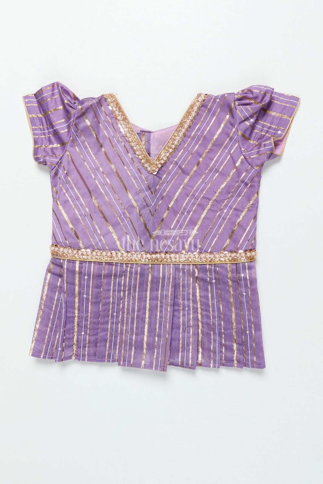 The Nesavu Pattu Pavadai Baby Girl Pattu Pavadai with Banaras Silk Yoke for Festive Photoshoots Nesavu 18 (2Y) / Purple GPP344B-18 Nesavu baby girl pattu pavadai with Banaras silk yoke and semi Banaras skirt for festive photos and rituals