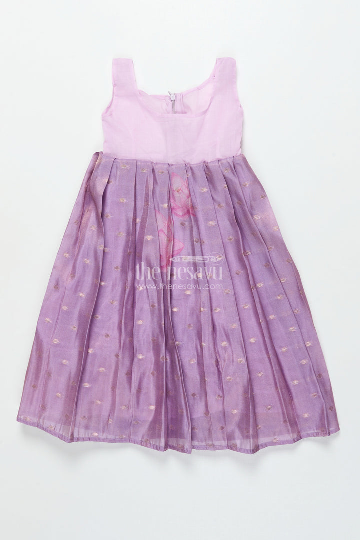 The Nesavu Pattu Pavadai Baby Girl Pattu Pavadai with Banaras Silk Yoke for Festive Photoshoots Nesavu 18 (2Y) / Purple GPP344B-18 Nesavu baby girl pattu pavadai with Banaras silk yoke and semi Banaras skirt for festive photos and rituals