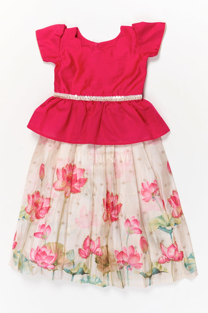 The Nesavu Pattu Pavadai Baby Girl Pattu Pavadai with Floral Print Skirt for Festive Moments Nesavu 18 (2Y) / Deeppink / Silk Blend GPP358A-18 Nesavu baby girl pattu pavadai with floral tissue print skirt and semi raw silk blouse for festive occasions