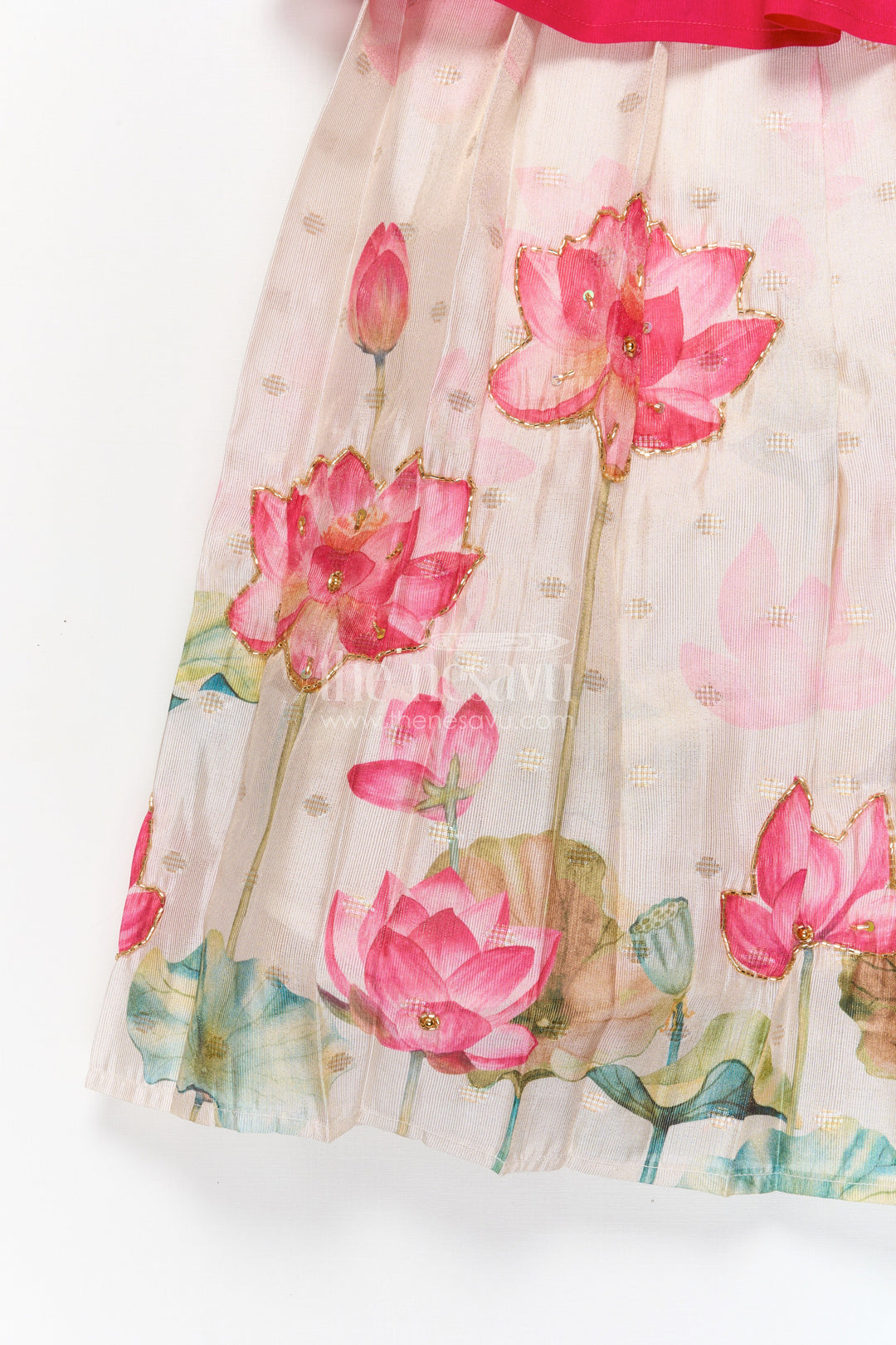 The Nesavu Pattu Pavadai Baby Girl Pattu Pavadai with Floral Print Skirt for Festive Moments Nesavu Nesavu baby girl pattu pavadai with floral tissue print skirt and semi raw silk blouse for festive occasions