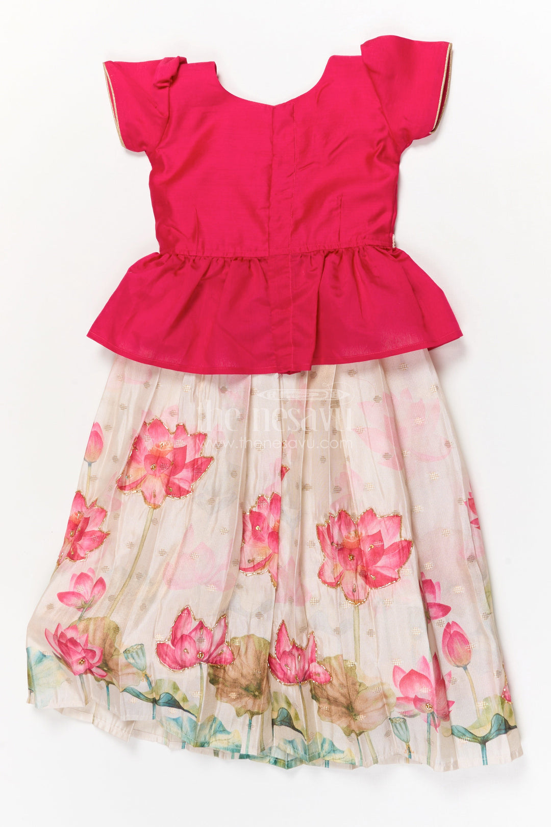 The Nesavu Pattu Pavadai Baby Girl Pattu Pavadai with Floral Print Skirt for Festive Moments Nesavu Nesavu baby girl pattu pavadai with floral tissue print skirt and semi raw silk blouse for festive occasions