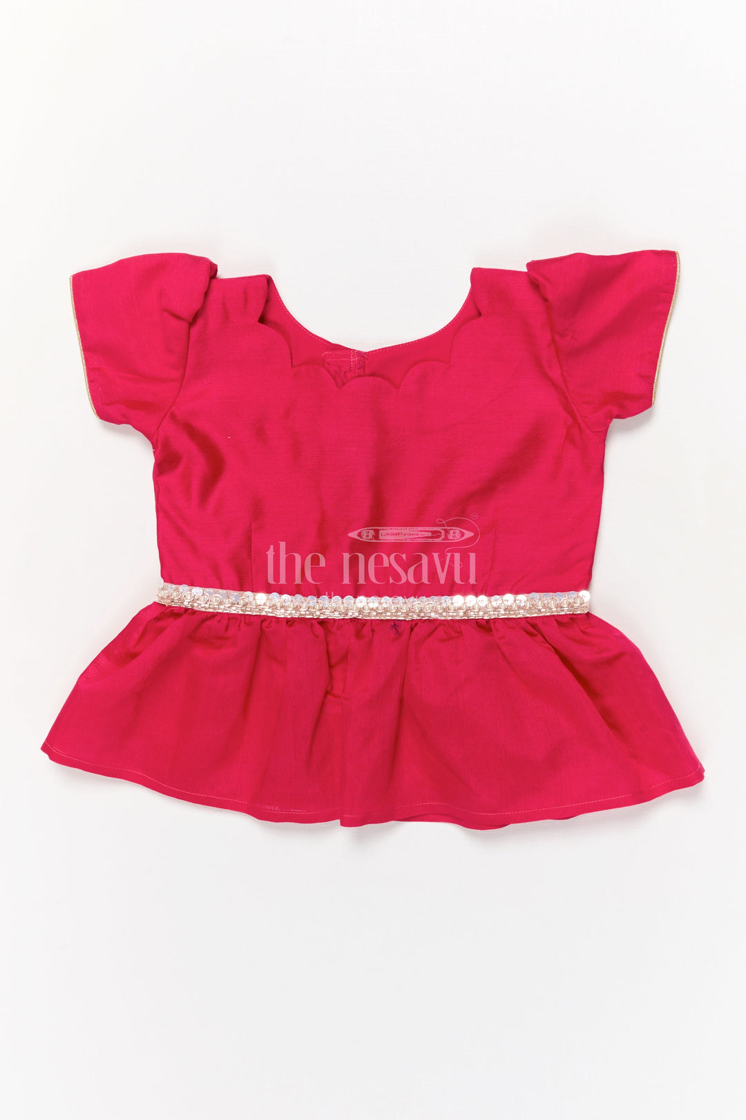 The Nesavu Pattu Pavadai Baby Girl Pattu Pavadai with Floral Print Skirt for Festive Moments Nesavu Nesavu baby girl pattu pavadai with floral tissue print skirt and semi raw silk blouse for festive occasions