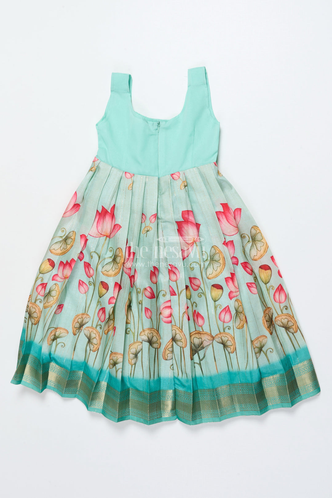 The Nesavu Pattu Pavadai Baby Girl Pattu Pavadai with Floral Skirt and Elephant-embroidered Blouse Nesavu Nesavu baby girl pattu pavadai with lotus print skirt and embroidered elephant blouse