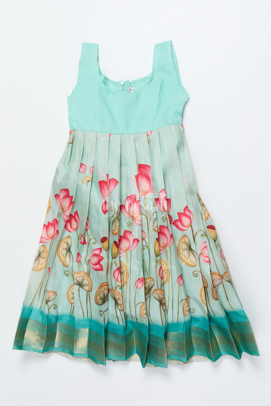 The Nesavu Pattu Pavadai Baby Girl Pattu Pavadai with Floral Skirt and Elephant-embroidered Blouse Nesavu Nesavu baby girl pattu pavadai with lotus print skirt and embroidered elephant blouse