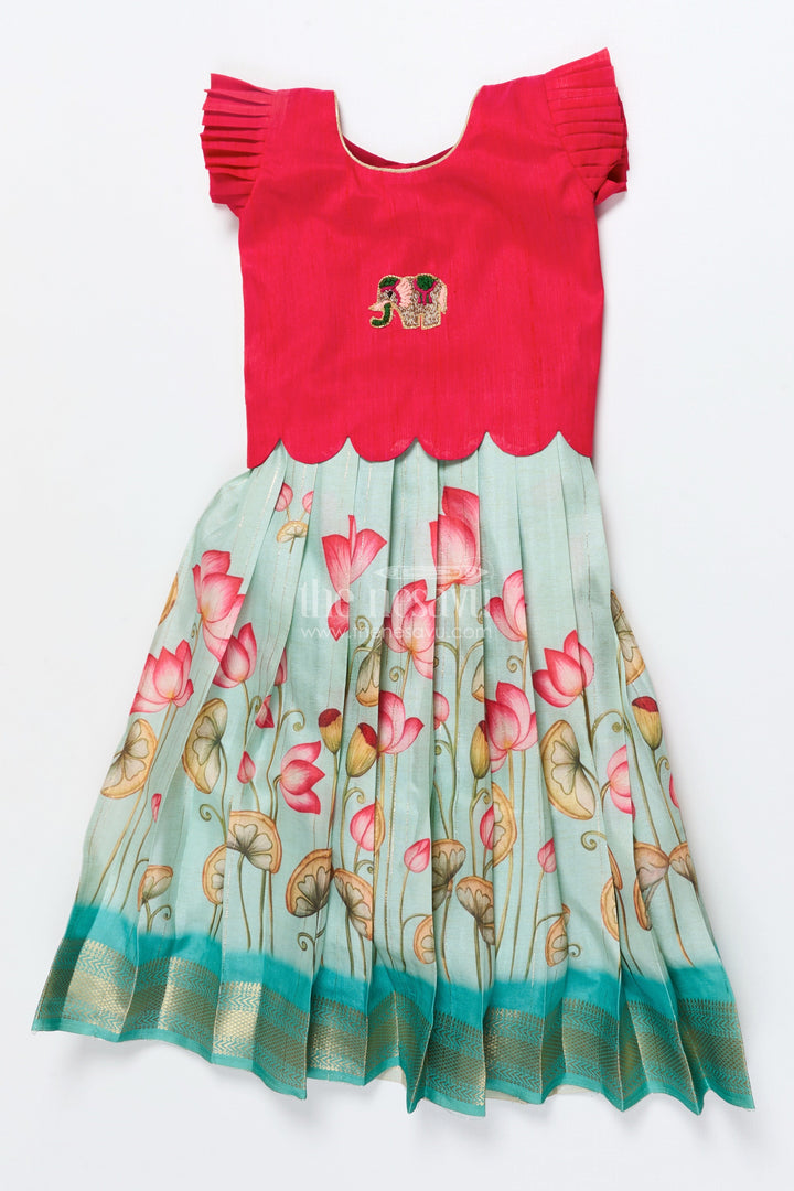 The Nesavu Pattu Pavadai Baby Girl Pattu Pavadai with Floral Skirt and Elephant-embroidered Blouse Nesavu Nesavu baby girl pattu pavadai with lotus print skirt and embroidered elephant blouse