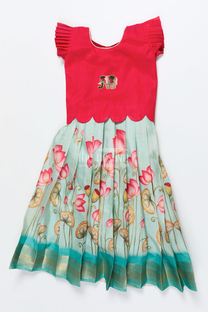 The Nesavu Pattu Pavadai Baby Girl Pattu Pavadai with Floral Skirt and Elephant-embroidered Blouse Nesavu Nesavu baby girl pattu pavadai with lotus print skirt and embroidered elephant blouse