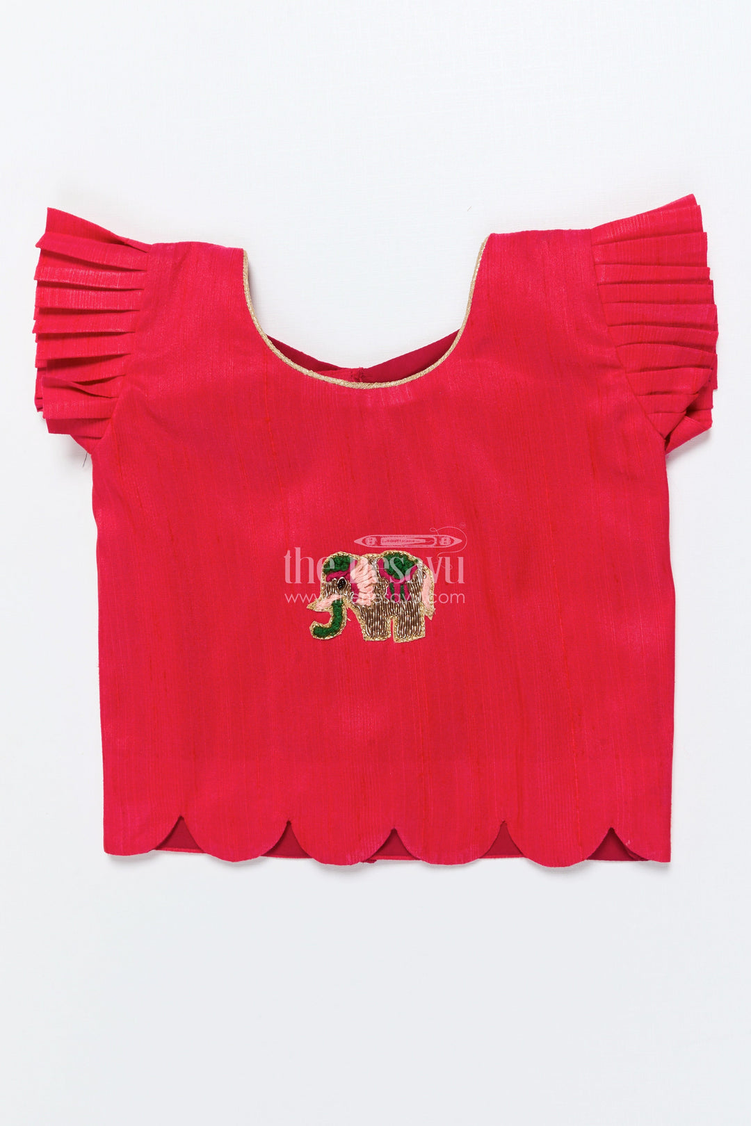 The Nesavu Pattu Pavadai Baby Girl Pattu Pavadai with Floral Skirt and Elephant-embroidered Blouse Nesavu Nesavu baby girl pattu pavadai with lotus print skirt and embroidered elephant blouse