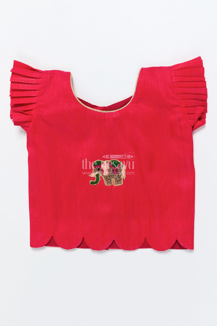 The Nesavu Pattu Pavadai Baby Girl Pattu Pavadai with Floral Skirt and Elephant-embroidered Blouse Nesavu Nesavu baby girl pattu pavadai with lotus print skirt and embroidered elephant blouse