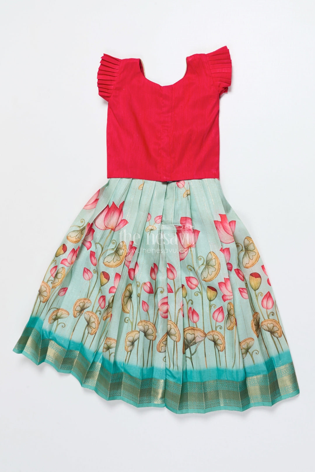 The Nesavu Pattu Pavadai Baby Girl Pattu Pavadai with Floral Skirt and Elephant-embroidered Blouse Nesavu Nesavu baby girl pattu pavadai with lotus print skirt and embroidered elephant blouse