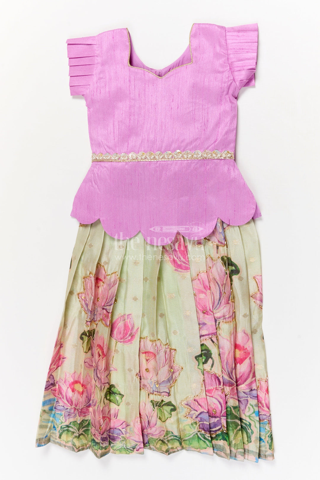 The Nesavu Pattu Pavadai Baby Girl Pattu Pavadai with Floral Skirt for Wedding and Festive Wear Nesavu 18 (2Y) / Purple / Silk Blend GPP360A-18 Nesavu baby girl pattu pavadai with digital floral print skirt and scallop blouse for festive occasions