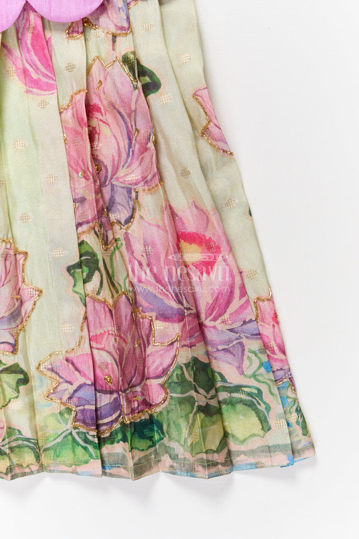 The Nesavu Pattu Pavadai Baby Girl Pattu Pavadai with Floral Skirt for Wedding and Festive Wear Nesavu Nesavu baby girl pattu pavadai with digital floral print skirt and scallop blouse for festive occasions