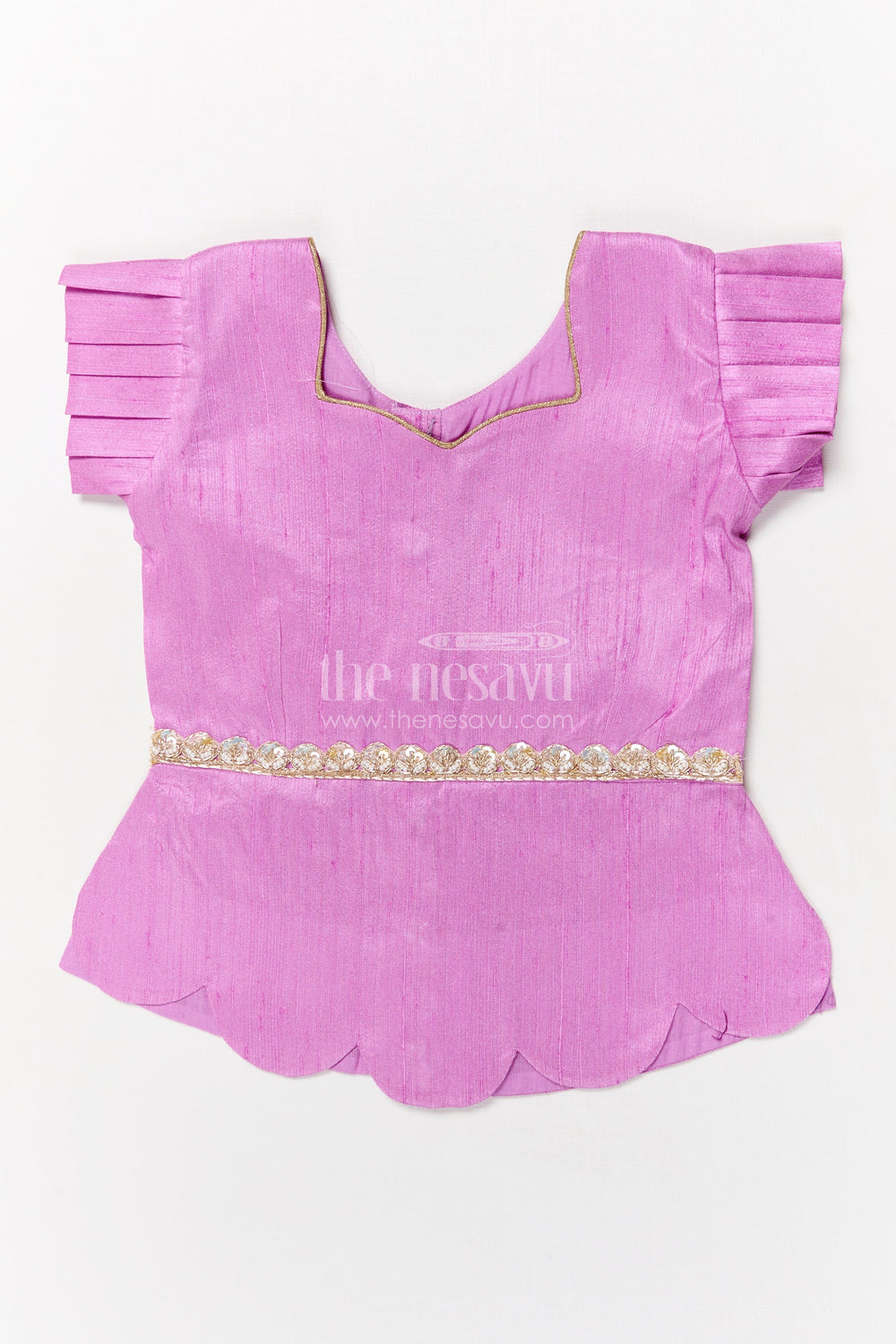 The Nesavu Pattu Pavadai Baby Girl Pattu Pavadai with Floral Skirt for Wedding and Festive Wear Nesavu Nesavu baby girl pattu pavadai with digital floral print skirt and scallop blouse for festive occasions