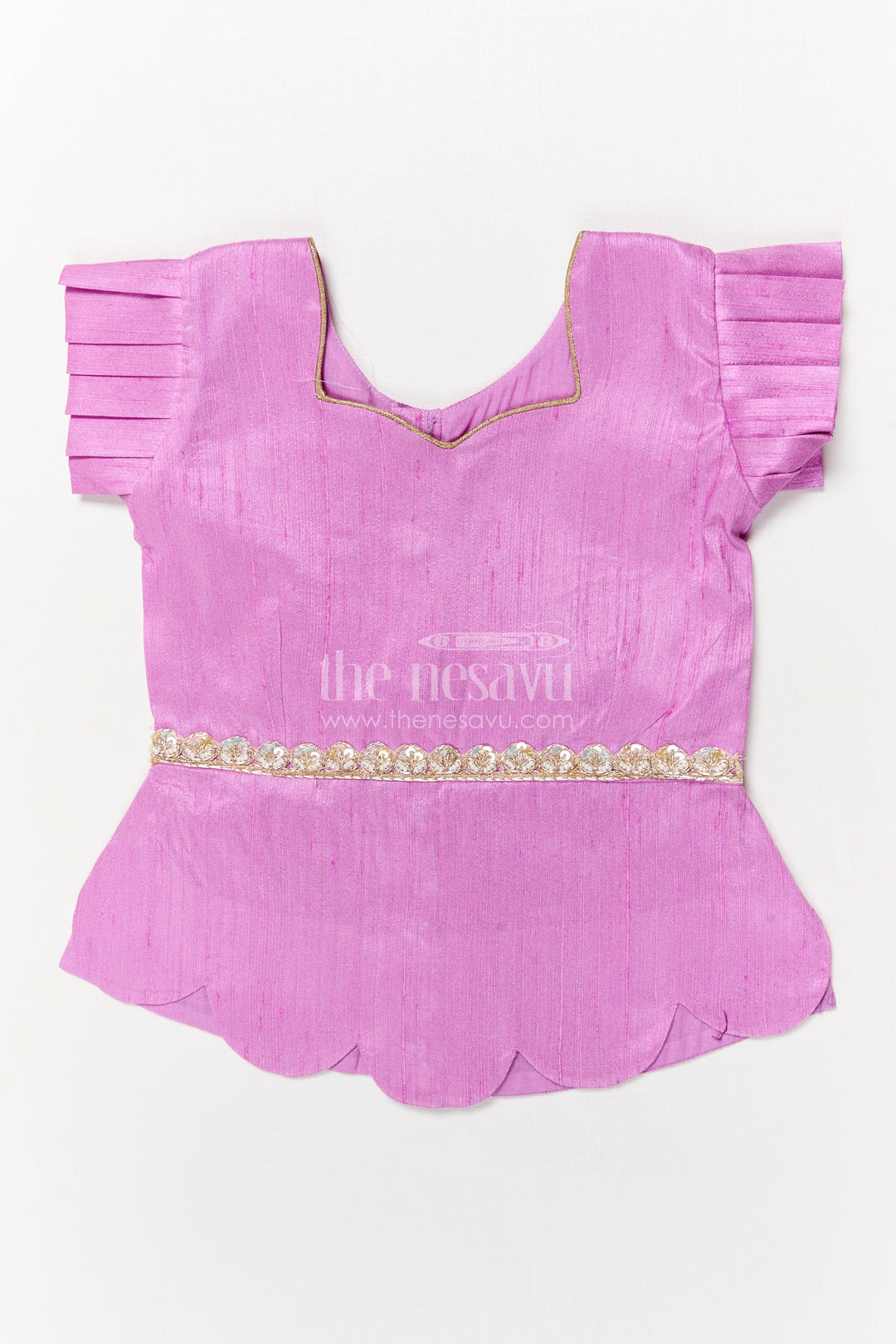 The Nesavu Pattu Pavadai Baby Girl Pattu Pavadai with Floral Skirt for Wedding and Festive Wear Nesavu Nesavu baby girl pattu pavadai with digital floral print skirt and scallop blouse for festive occasions