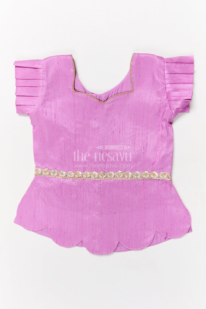 The Nesavu Pattu Pavadai Baby Girl Pattu Pavadai with Floral Skirt for Wedding and Festive Wear Nesavu Nesavu baby girl pattu pavadai with digital floral print skirt and scallop blouse for festive occasions