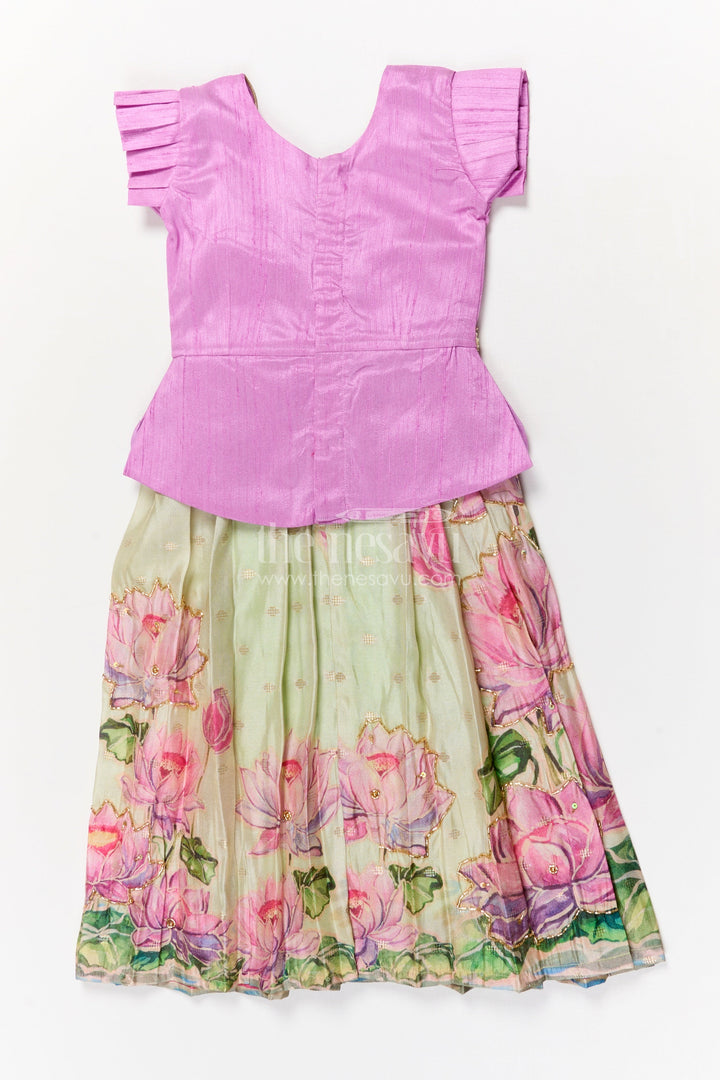 The Nesavu Pattu Pavadai Baby Girl Pattu Pavadai with Floral Skirt for Wedding and Festive Wear Nesavu Nesavu baby girl pattu pavadai with digital floral print skirt and scallop blouse for festive occasions