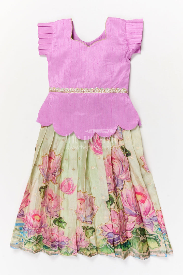 The Nesavu Pattu Pavadai Baby Girl Pattu Pavadai with Floral Skirt for Wedding and Festive Wear Nesavu Nesavu baby girl pattu pavadai with digital floral print skirt and scallop blouse for festive occasions