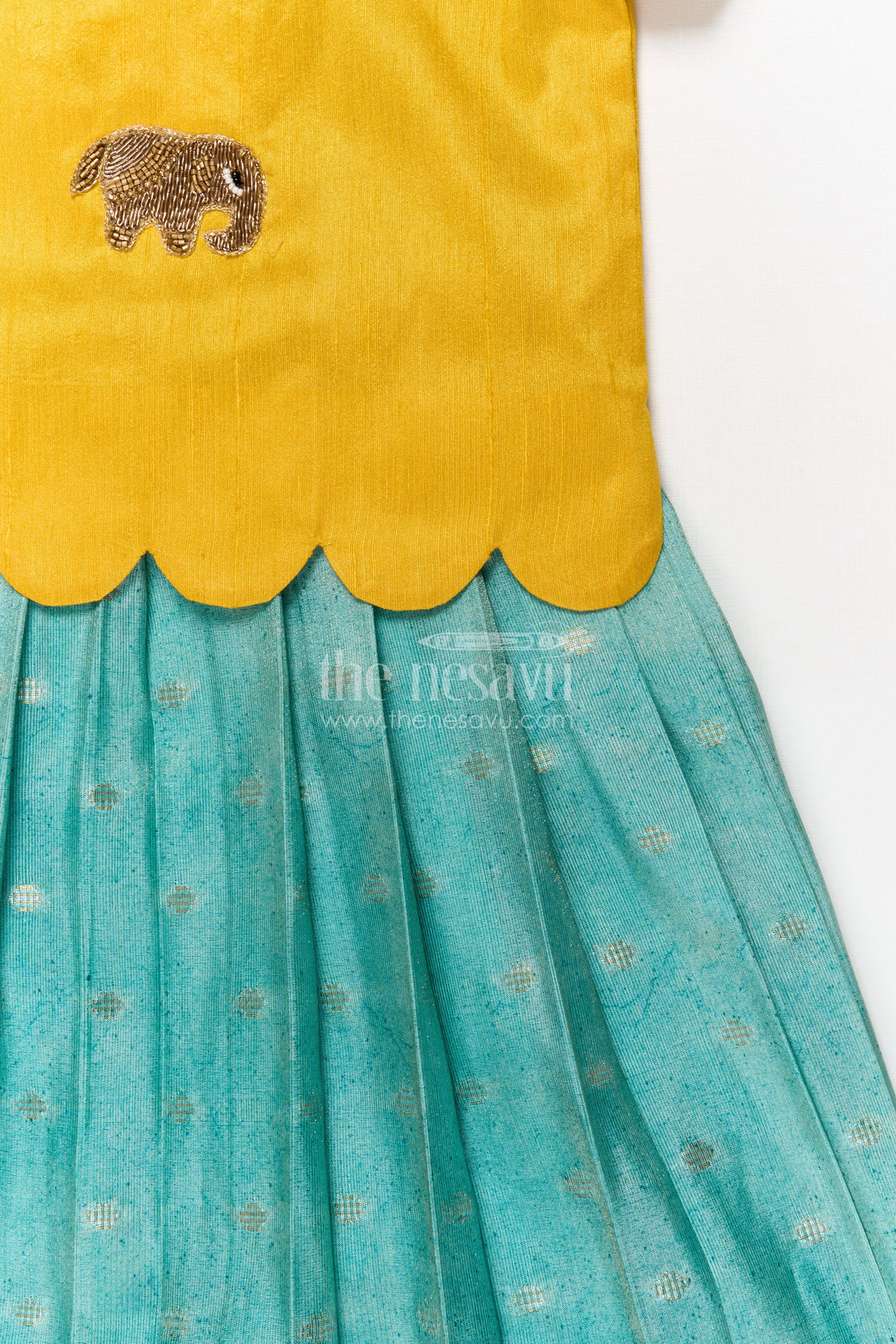 The Nesavu Pattu Pavadai Baby Girl Pattu Pavadai with Raw Silk Yoke for Cultural Celebrations Nesavu 18 (2Y) / Yellow GPP354B-18 Nesavu baby girl pattu pavadai with raw silk yoke and semi Banaras art silk skirt for naming ceremonies