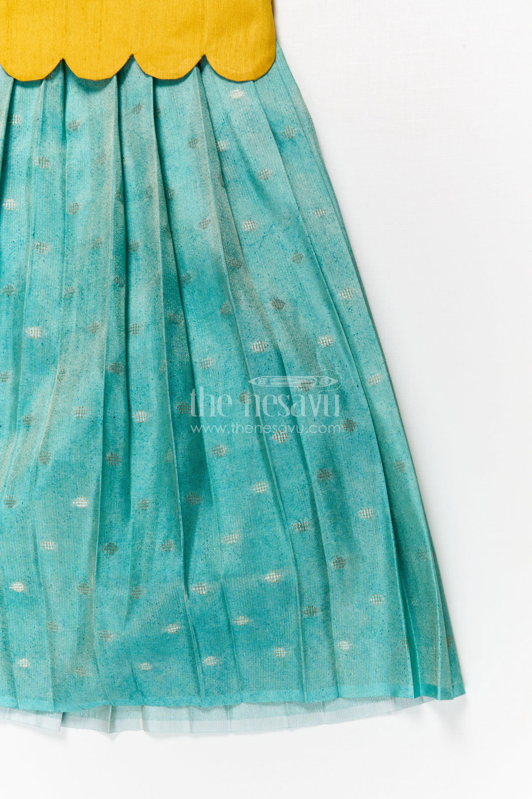 The Nesavu Pattu Pavadai Baby Girl Pattu Pavadai with Raw Silk Yoke for Cultural Celebrations Nesavu 18 (2Y) / Yellow GPP354B-18 Nesavu baby girl pattu pavadai with raw silk yoke and semi Banaras art silk skirt for naming ceremonies