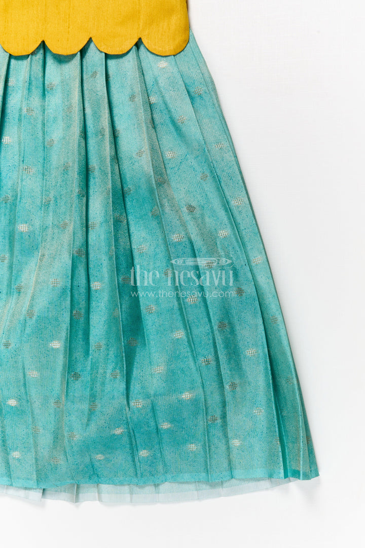 The Nesavu Pattu Pavadai Baby Girl Pattu Pavadai with Raw Silk Yoke for Cultural Celebrations Nesavu 18 (2Y) / Yellow GPP354B-18 Nesavu baby girl pattu pavadai with raw silk yoke and semi Banaras art silk skirt for naming ceremonies