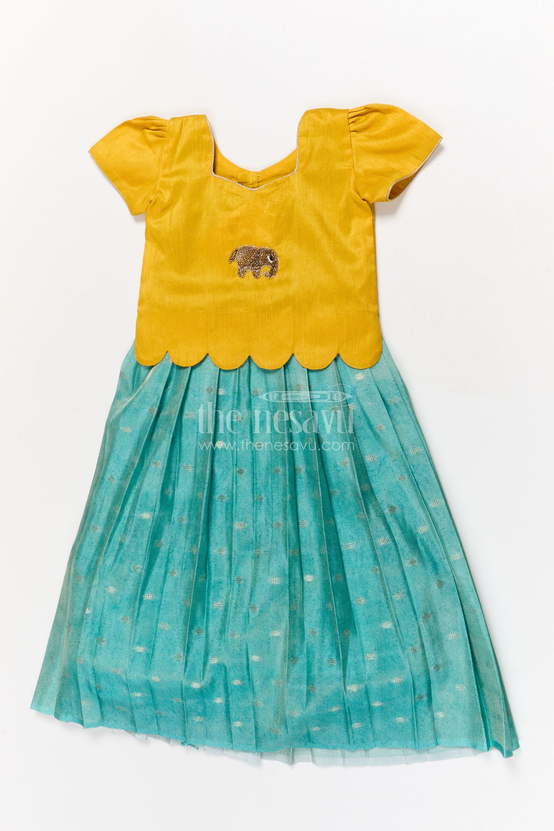 The Nesavu Pattu Pavadai Baby Girl Pattu Pavadai with Raw Silk Yoke for Cultural Celebrations Nesavu 18 (2Y) / Yellow GPP354B-18 Nesavu baby girl pattu pavadai with raw silk yoke and semi Banaras art silk skirt for naming ceremonies