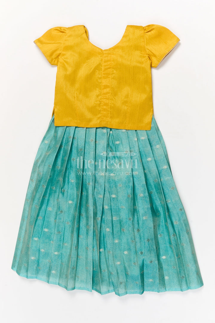 The Nesavu Pattu Pavadai Baby Girl Pattu Pavadai with Raw Silk Yoke for Cultural Celebrations Nesavu 18 (2Y) / Yellow GPP354B-18 Nesavu baby girl pattu pavadai with raw silk yoke and semi Banaras art silk skirt for naming ceremonies