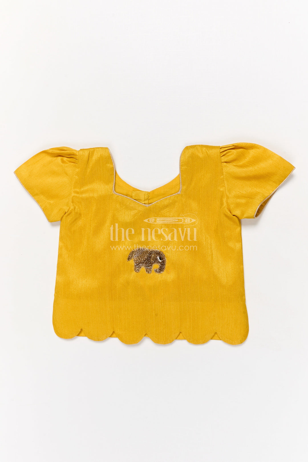 The Nesavu Pattu Pavadai Baby Girl Pattu Pavadai with Raw Silk Yoke for Cultural Celebrations Nesavu 18 (2Y) / Yellow GPP354B-18 Nesavu baby girl pattu pavadai with raw silk yoke and semi Banaras art silk skirt for naming ceremonies