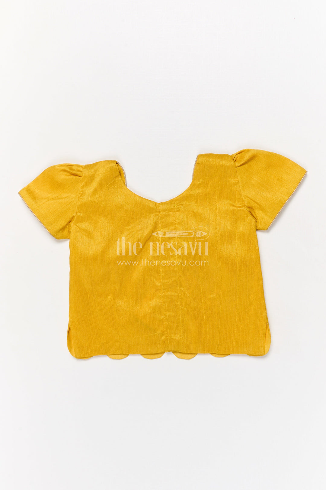 The Nesavu Pattu Pavadai Baby Girl Pattu Pavadai with Raw Silk Yoke for Cultural Celebrations Nesavu 18 (2Y) / Yellow GPP354B-18 Nesavu baby girl pattu pavadai with raw silk yoke and semi Banaras art silk skirt for naming ceremonies