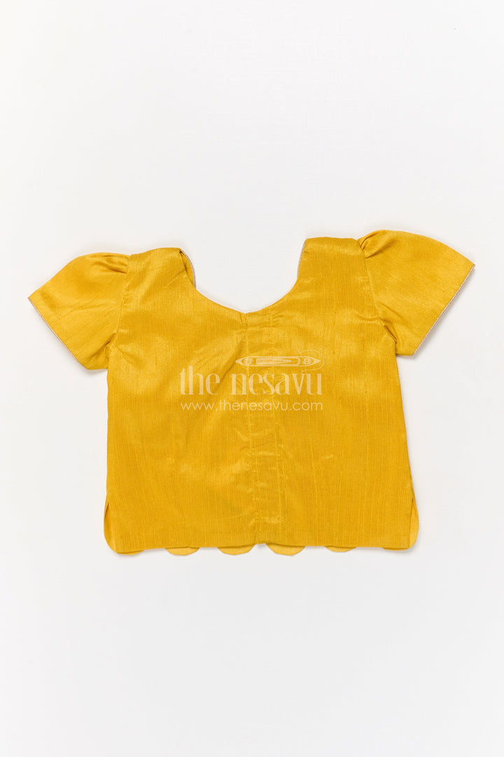 The Nesavu Pattu Pavadai Baby Girl Pattu Pavadai with Raw Silk Yoke for Cultural Celebrations Nesavu 18 (2Y) / Yellow GPP354B-18 Nesavu baby girl pattu pavadai with raw silk yoke and semi Banaras art silk skirt for naming ceremonies