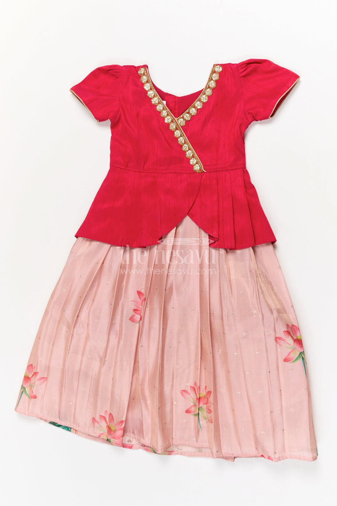 The Nesavu Pattu Pavadai Baby Girl Pattu Pavadai with Raw Silk Yoke for Festive Occasions Nesavu 18 (2Y) / Red GPP353B-18 Nesavu baby girl pattu pavadai with raw silk yoke and semi Banaras art silk skirt for traditional events