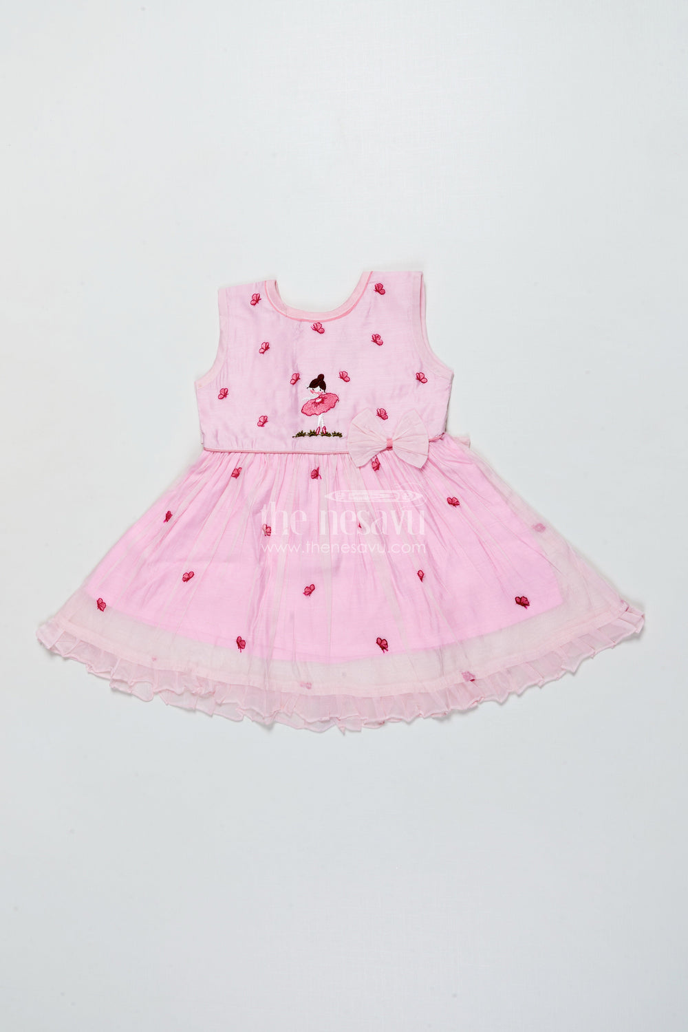 The Nesavu Girls Chanderi Frock Baby Girl Pink Frock In Chanderi Cotton for Birthdays and Photoshoots Nesavu 16 (1Y) / Pink GFC2005A-16 Nesavu baby girl pink frock Chanderi cotton bow  perfect birthdays photoshoots