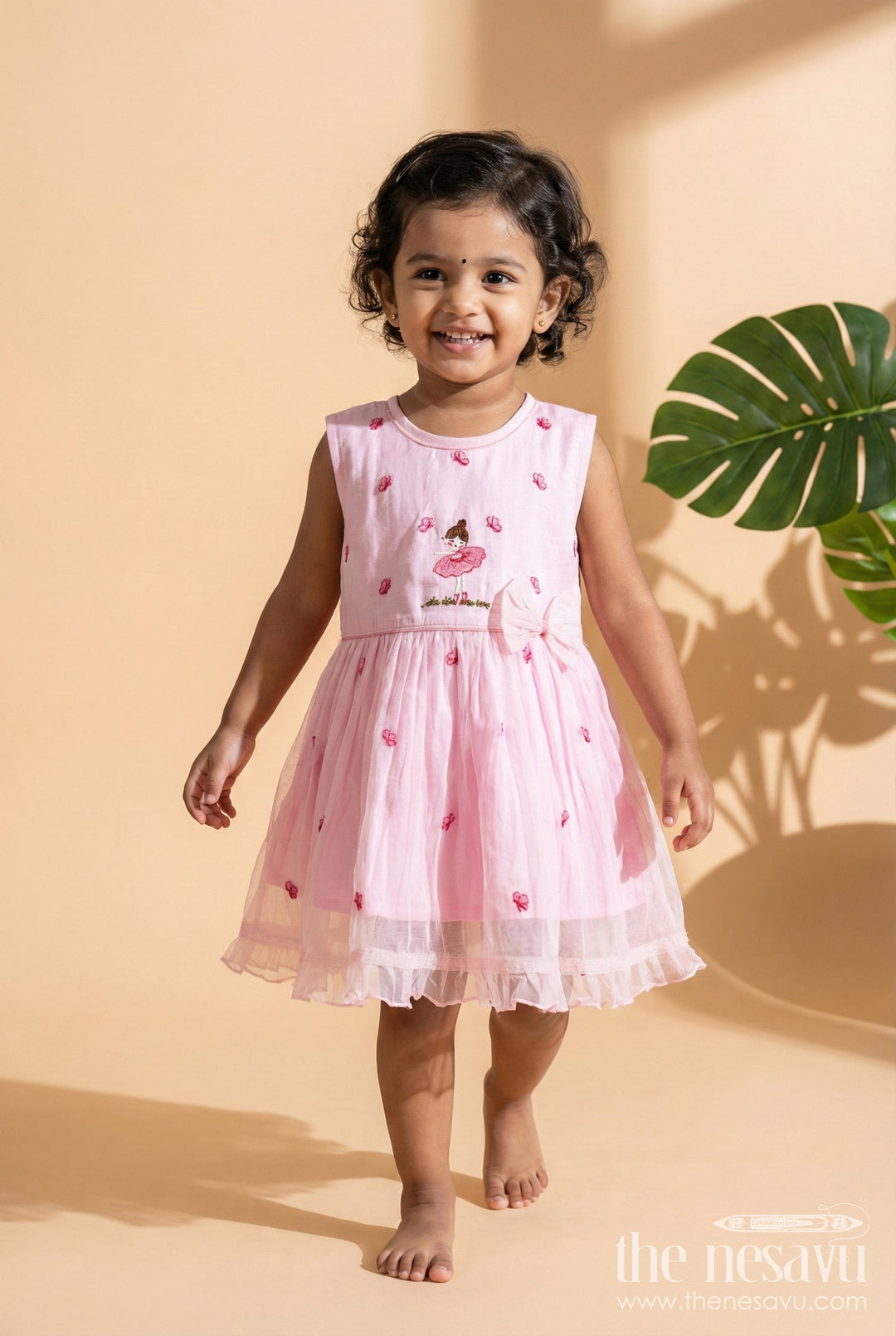 The Nesavu Girls Chanderi Frock Baby Girl Pink Frock In Chanderi Cotton for Birthdays and Photoshoots Nesavu 16 (1Y) / Pink GFC2005A-16 Nesavu baby girl pink frock Chanderi cotton bow  perfect birthdays photoshoots